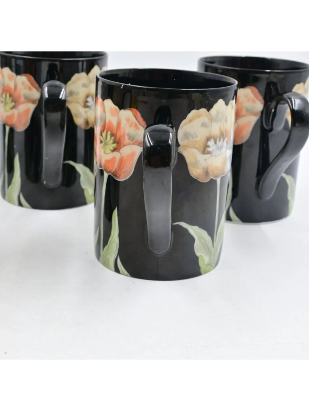 Fitz & Floyd Midnight Poppy Black Ceramic Floral Coffee Mugs Set Of 5